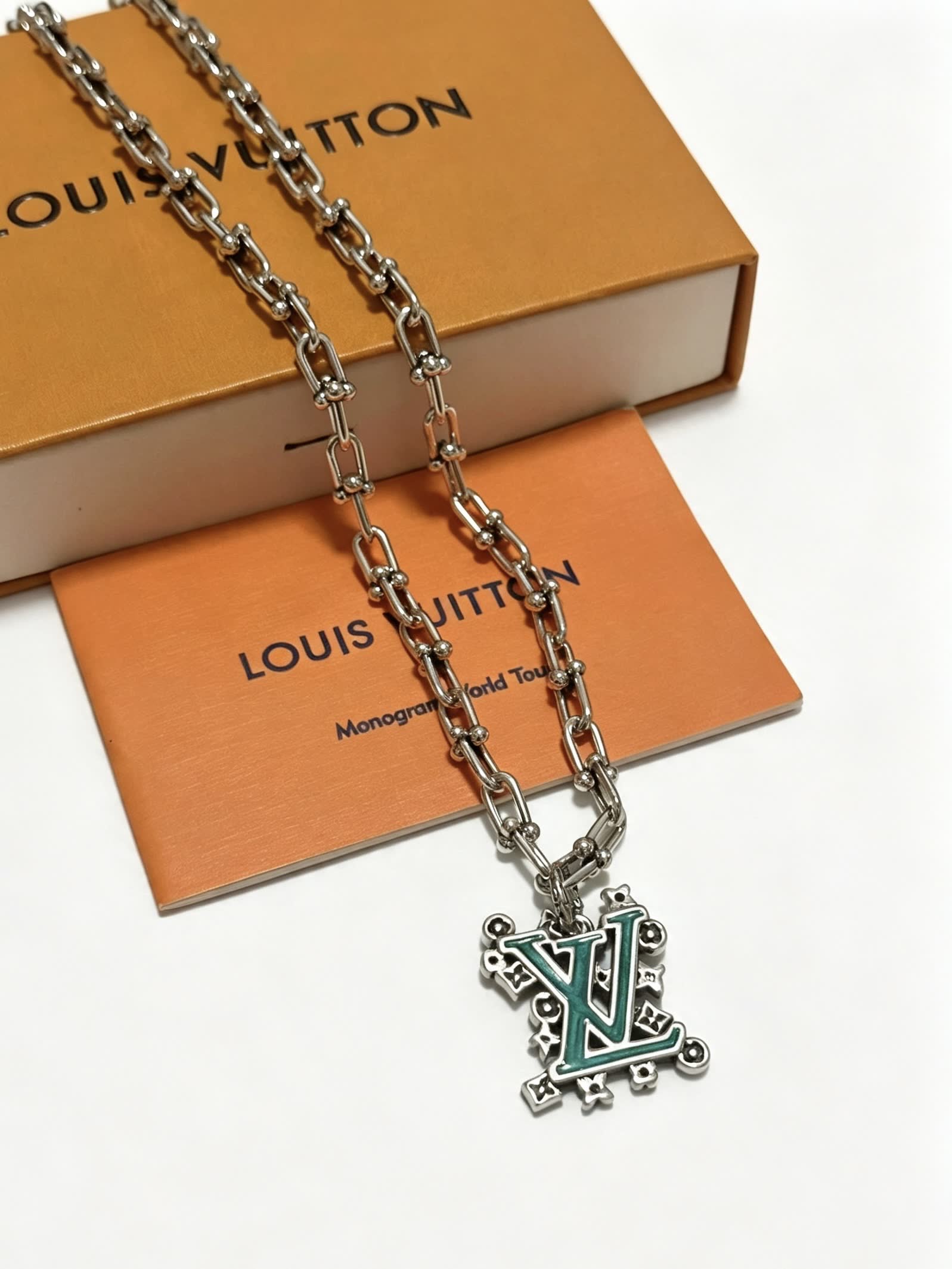 Louis Vuitton Silver Tone Chain Necklace with LV Pendant